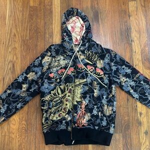 Black Graphic Hoodie with Gold and Red Accents